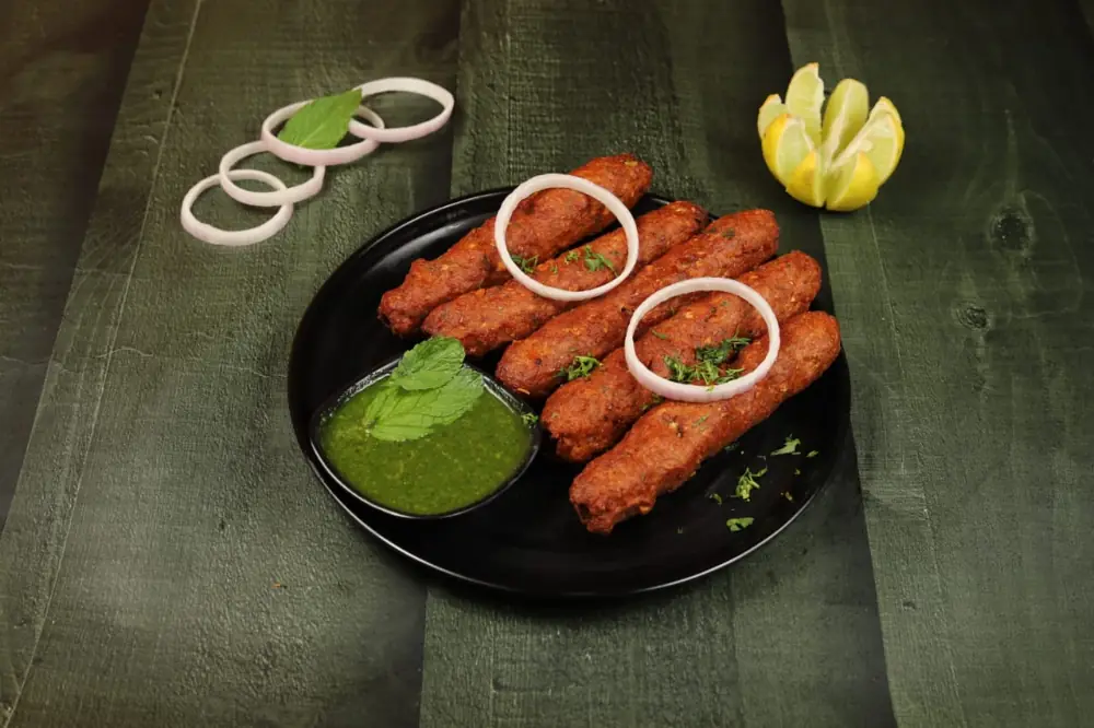 Spicy chicken seekh kababs with mint chutney