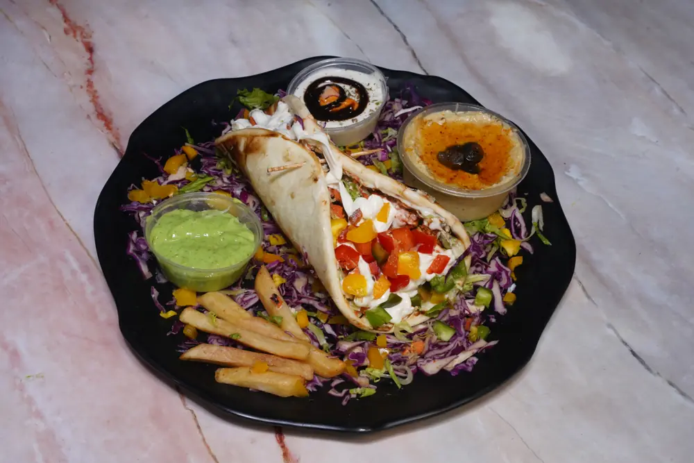 Mexican chicken shawarma with salsa, red cabbage and fries